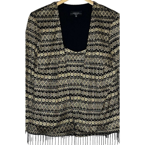 R&M Richards Twin Set Jacket 16W Attached Camisole Top Black Gold Beaded Fringe - Picture 2 of 12